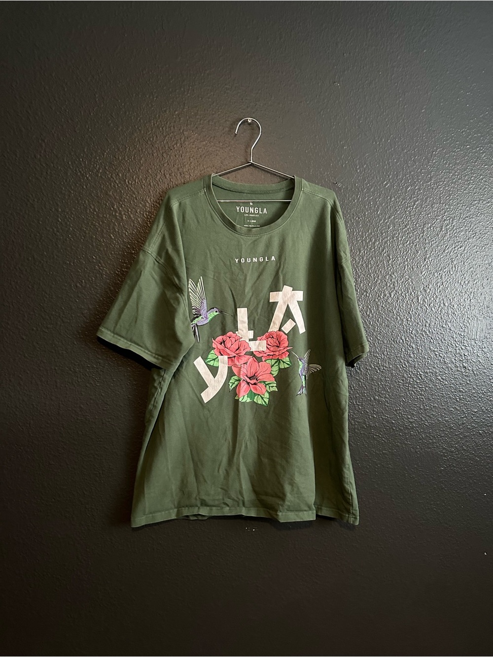 YoungLA Olive Green Tee with Pink Floral & Hummingbird Graphic